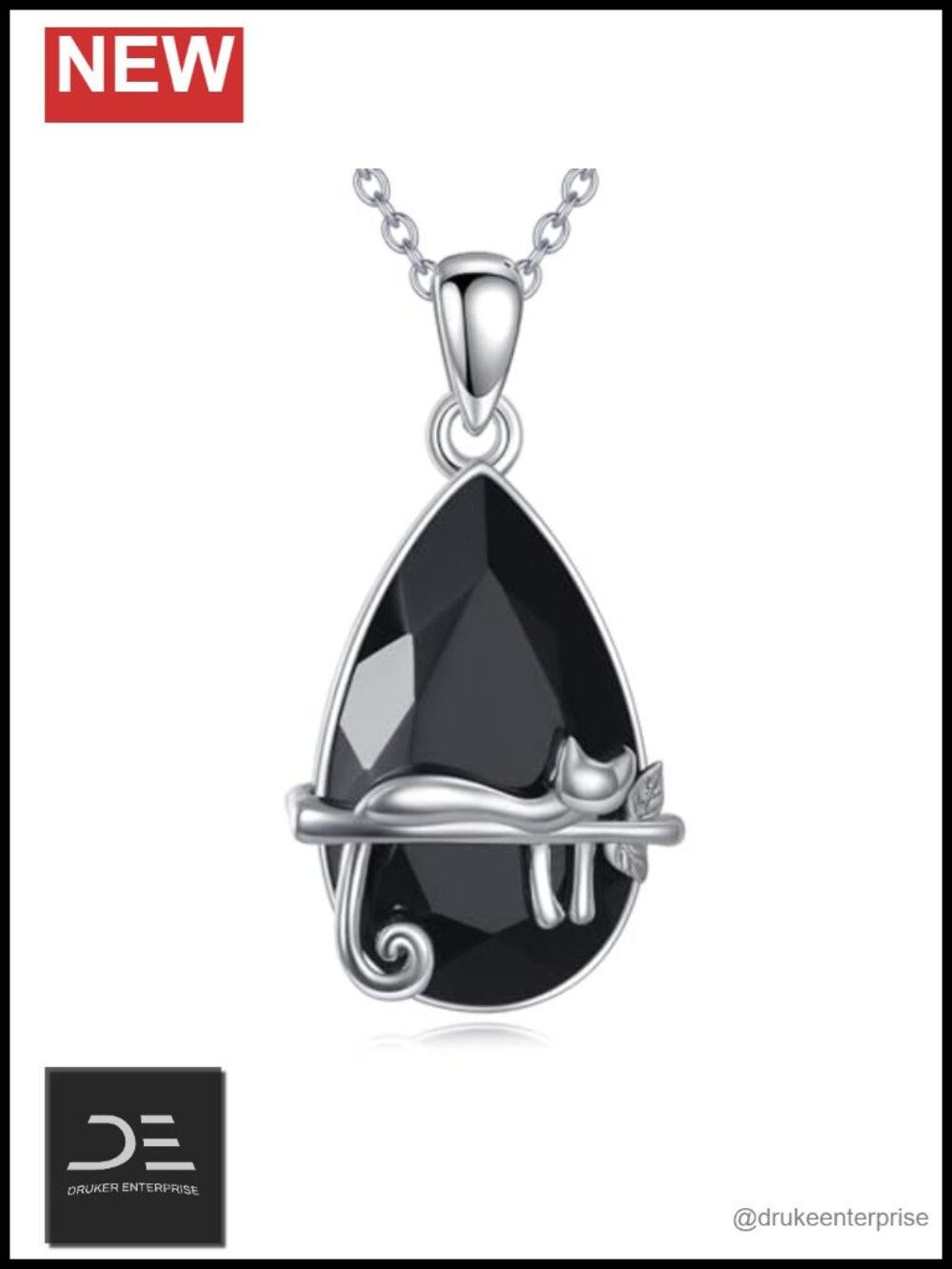 Sterling Silver Cat Pendant Necklace with Black Tourmaline 18 inch